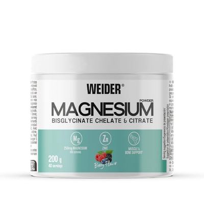 Weider Magnesium Powder (200g) Sabor Frutos Rojos, 250mg /porción Bisglicinato y Citrato de Magnesio en polvo con Zinc, Ayuda músculos y huesos, Reduce Cansancio, Sin Azúcar Añadido, Vegan, 40 dosis