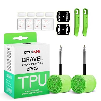 2-PACK fiets binnenband 700C/28" grind & 29" MTB TPU fietsband compatibel met 700 x 32C-47C, 29" mountainbike Presta ventielen 45 mm lichtgewicht (inclusief buispatch reparatieset en bandenlichters)