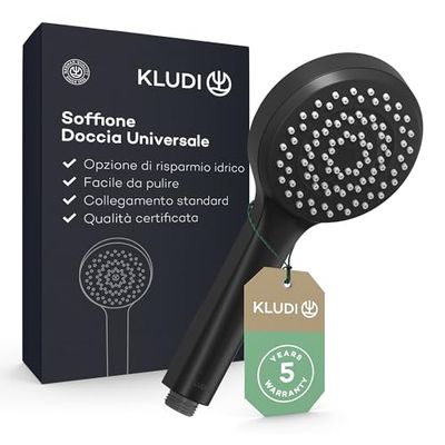 KLUDI-X1 Soffione doccia universale a risparmio idrico come opzione, doccino per doccia con 1 tipo di getto, soffione facile da pulire Ø 10,7 cm, doccia soffione nero opaco