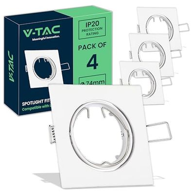V-TAC Spot LED Encastrable pour Ampoules GU10 - Lot de 4 - SupportS Carrés de Spot LED Encastrable Orientable en Aluminium - Section Encastrée 74 mm - Cadre pour Maison, Plafond