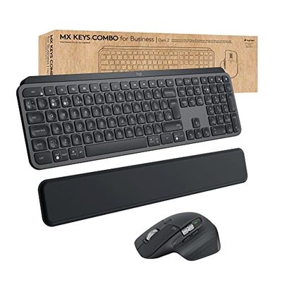 Logitech MX Keys Combo para empresas | Gen 2, teclado/ratón inalámbrico de tamaño completo, con apoyamano para teclado, Bluetooth, Logi Bolt, Clics Suaves, Windows/Mac/Chrome/Linux, QWERTY ESP - Gris
