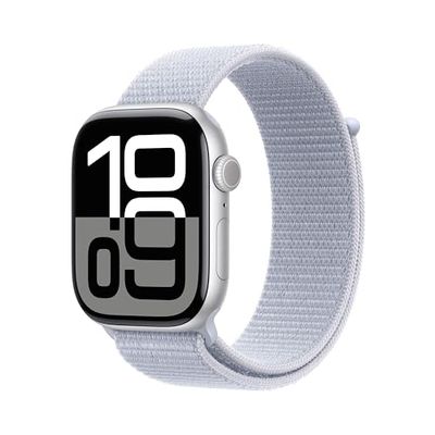 Apple Watch Series 10 GPS 46 mm Smartwatch con cassa in alluminio Argento e Sport Loop Nuvola azzurra - One Size. Fitness tracker, app ECG, display Retina always-on, resistente all’acqua