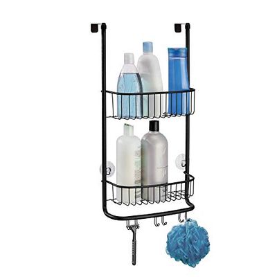 iDesign Portaoggetti doccia da appendere, Piccolo porta oggetti per doccia con 2 cestelli e 3 doppi ganci, Portaoggetti da appendere nel box doccia in metallo, nero