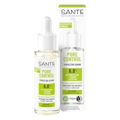 SANTE Naturkosmetik Siero con margherita biologica ed effetto niacinamide, siero viso per una carnagione uniforme e pori raffinati, siero Pore Control Perfector Serum, 30 ml