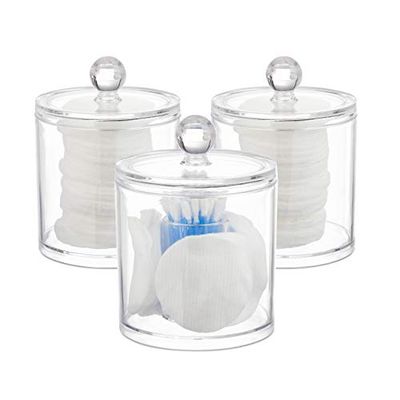 Relaxdays Cotton Swab Storage Container Set of 3, Pad Holder, Lidded, Easy-Care, Acrylic Organiser, Clear, 13 x 10 x 10cm