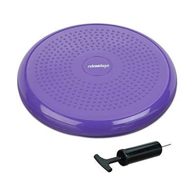 Relaxdays wiebelkussen, Ø 33 cm, met luchtpomp, max. gewicht 140 kg, balanskussen, balansbord noppen, paars