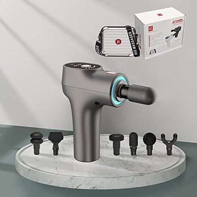 Hi5 FlatHead Trilmassageapparaat, massagepistool, spierfascia, weefsel, ontspannen, 6 snelheden, met Smart Light System-6 opzetstukken, grijs/hardcase