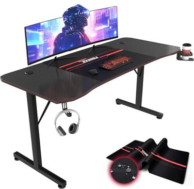 JUMMICO Grande Table de Gaming 160 cm, Ergonomique, avec Compartiment de Gestion des câbles, Crochet pour Casque et Porte-gobelet, 160 x 60 cm, Noir