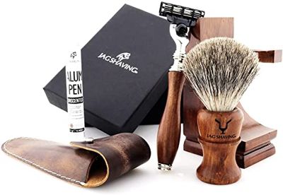 Jag Shaving Juego de afeitado sostenible de 4 piezas de madera – Super Dachshaar Brocha de afeitar – 3 cuchillas de afeitar – Soporte de afeitado – Funda de piel para maquinilla de afeitar