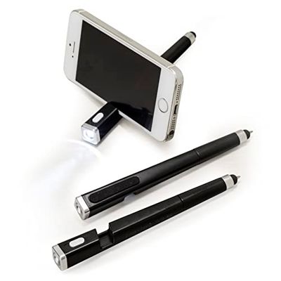Mopec Penna Torcia, puntatore Y Borra Impronta e con Supporto per Cellulare, Nero, 1.5 x 1.5 x 14 cm, 5 Pezzi