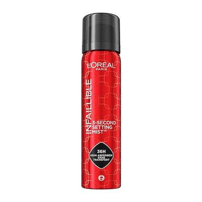 L'Oréal Paris Spray de fijación para maquillaje fijo, resistente a la transferencia en 3 segundos, spray de fijación para hasta 36 horas de duración, 3 segundos de estiércol, 1 x 75 ml