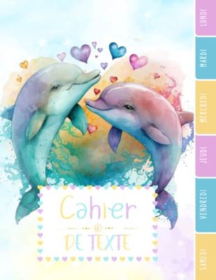 CAHIER DE TEXTE: Dauphin animal océan mer magique nature aquarelle zen avec coloriages pour écoliers fille garçon en primaire cp ce1 ce2 cm1 cm2 collège.