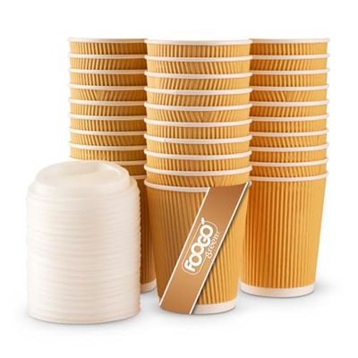 FOOGO Green 25pcs 8oz Disposable Strong Triple-Wall Brown Paper Coffee Cups with Secure Lids, FSCĀ® Certified, Fully Compostable, for Hot Drinks, Takeaway and Parties