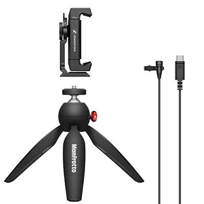 Sennheiser XS Lav USB-C, kit mobile di microfono lavalier omnidirezionale a clip con morsetto per smartphone e mini treppiede Manfrotto PIXI, 509259