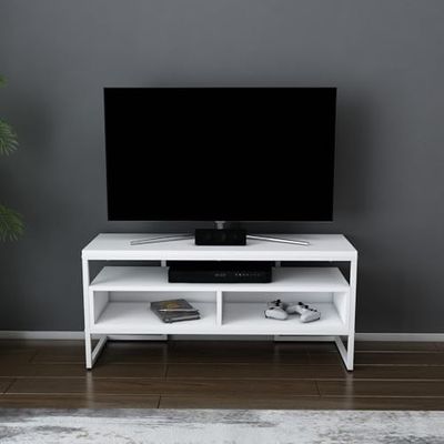 Modernt vitt TV-stativ, 110 cm, 35 cm djupt, 49,9 cm höjd | 100% melaminbelagd partikelbräda, 18 mm tjock | snygg och funktionell för vardagsrum