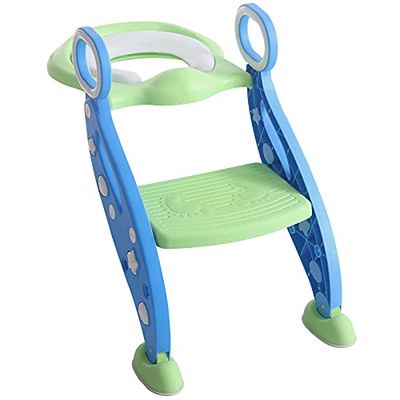 Rainberg® Kids Potty Training Toilet Seat Adjustable Height Step Ladder for Boys and Girls | Bathroom Aid Toddler Training Seats Portable Design (Blue Green)