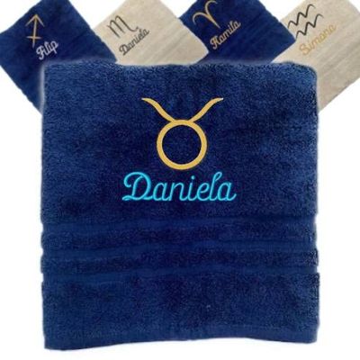 Asciugamano personalizzato con nome ricamato con segni zodiacali Asciugamano personalizzato con segno zodiacale Asciugamano in cotone regalo personalizzato (140 x 70 cm, Toro)