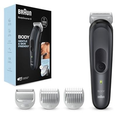 Braun Body Groomer 3 Rasoio Elettrico Corpo Uomo, Depilazione Uomo, Accessori Inclusi, Lama in Metallo, Ideale per Aree Sensibili, Gambe, Petto e Ascelle, Idea Regalo, BG3350 Nero e Grigio