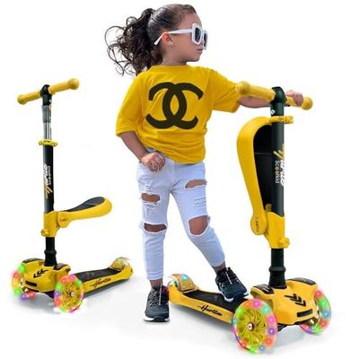 Hurtle Barnskoter 3 hjul, barnleksaker 2 år och uppåt, med fällbart säte, justerbar höjd, 2-i-1 skateboard, blinkande ljus, gul