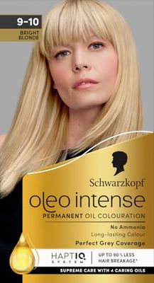 Schwarzkopf Oleo Intense Permanent Oil Colour Hair Dye, 100% Grey Coverage, Conditioner with HaptIQ System, Long-Lasting Colour, Ammonia Free Hair Dye - 9-10 Bright Blonde