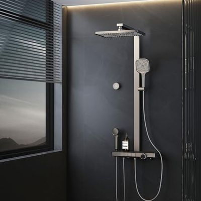 EMKE Columna de Ducha Termostática, Ducha de Mano, Ducha Infantil, 360mm ducha de lluvia de gran tamaño,4 Salidas de Agua, Fácil Instalación,Antracita Mate,1050x600x409 mm