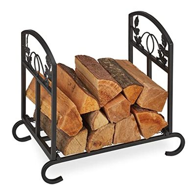 Relaxdays Rangement Bois de cheminée, Pliable, HxLxP: 44,5 x 51 x 32cm, Stockage bûches, Ornements Floraux, Acier, Noir