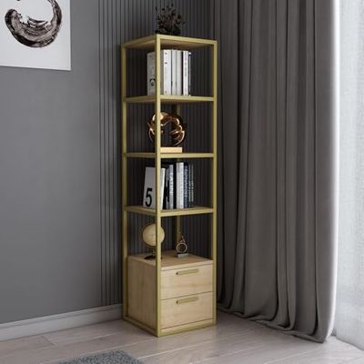 Modern Glam bokstöd, guld och oak, 39 x 39 x 160 cm | 100% melaminbelagd partikelbräda, 18 mm tjock, robust metallram | Snygg förvaring för hem och kontor