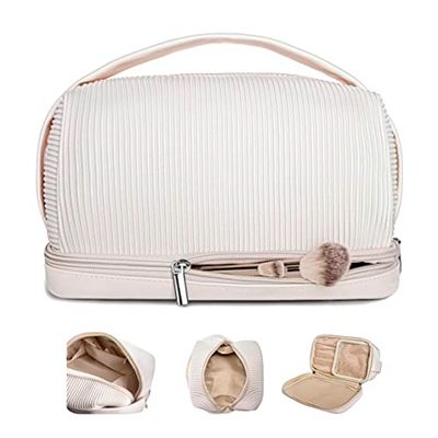 Large Makeup Bag, Double Layer Cosmetic Bag, Travel Makeup Bag, PU Leather Makeup Bag, Cosmetic Travel Bags, Portable PU Leather Toiletry Bag, Beige, Large Makeup Bag