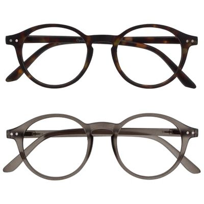 OPULIZE REY Occhiali da Lettura - Pacco da 2 - Montatura Rotonda Retro - Marrone Opaco Tartarugato, Grigio - Uomo Donna - Cerniere a Molla - RR56-27 - +1.00