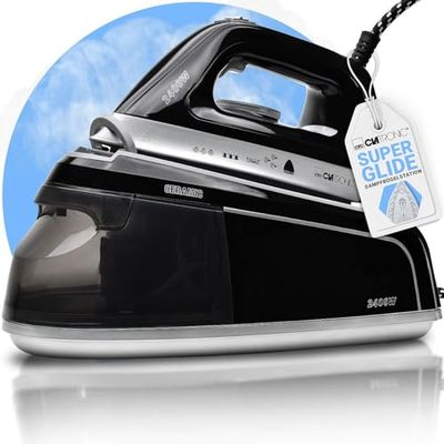 Clatronic® DBS 3749 Stoomstrijkstation met stoomstrijkijzer, 3,5 bar, met Superglide-zool en waterreservoir van 1,2 liter, 80 min. gebruiksduur, 2400 W, strijkijzer met stoomsysteem en, zwart.