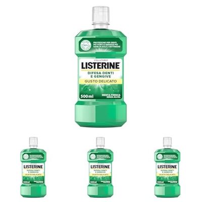 Listerine, Collutorio, Difesa Denti e Gengive, Gusto Delicato, Zero Alcol, Tripla Azione, Denti più Forti, Gengive più Sane, Menta Delicata, 500ml (Confezione da 4)