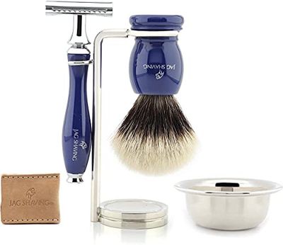 Premium hombres Kit de afeitar tejón pelo de afeitar conjunto con seguridad afeitadora maquinilla de afeitar, acero inoxidable Shaver Bowl y afeitar soporte estándar por Jag Shaving