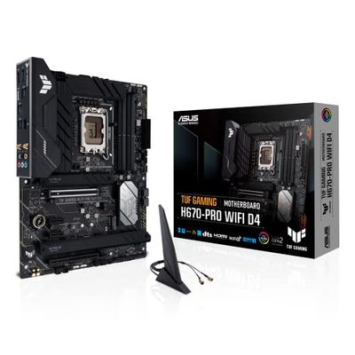 ASUS TUF GAMING H670-PRO WIFI D4 Intel H670 (LGA 1700) ATX motherboard with PCIe 5.0 slot, four PCIe 4.0 M.2 slots, 14+1 DrMOS, Intel 2.5Gb Ethernet, HDMI, front USB 3.2 Gen 1 Type-C, Aura Sync