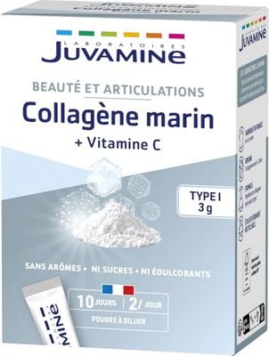 JUVAMINE - Collagène marin 3000 mg Type I et Vitamine C - Beauté - Contribue à la Fonction Normale de la Peau - 20 sticks à diluer - Programme de 10 Jours - Fabriqué en France