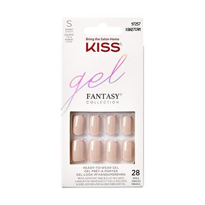 KISS Gel Fantasy Collection Glue-On Manicure Kit, Just A Fool, Medium Length Square Fake Nails Includes 28 False Nails, Nail Glue, Nail File, and Manicure Stick