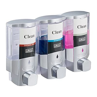Relaxdays tvåldispenser, 3 kammare, väggmontering, 300 ml vardera, hygiendispenser, påfyllningsbar, badrum, hotell, silver/transparent, 10033717, 1 st