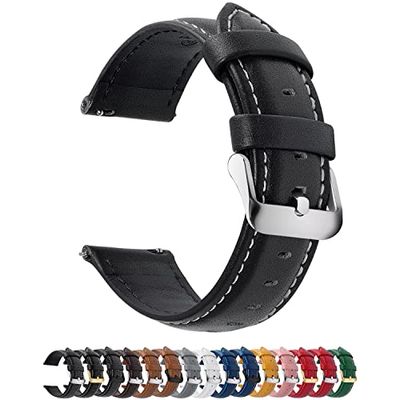 Fullmosa horlogeband 24mm, Axus serie lederen band vervangende horlogeband met roestvrijstalen metalen sluiting voor mannen vrouwen, Zwart + Zilveren Gesp