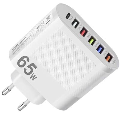 Leyf 65 W USB C USB A 6-in-1 oplader, 6-poorts voeding, adapter voor alle mobiele telefoonmodellen en tablets, iPhone iPad Samsung Galaxy, Xiaomi, Huawei, Steam Deck, oplaadstekker, stekker