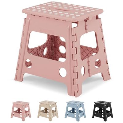 VECELO Marchepied Pliable, 32cm Tabouret Pliant Antidérapant avec Poignée pour Enfants et Adultes, Léger et Portable pour la Cuisine, Salle de Bain, Camping, Rose
