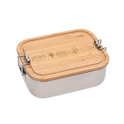 LÄSSIG 1210059964 KinderbRoodtrommel roestvrij staal en bamboe lunchbox ontbijtbox duurzaam kleuterschool school, slak, bijen, egels,1 stuk (1 pak),Zilver