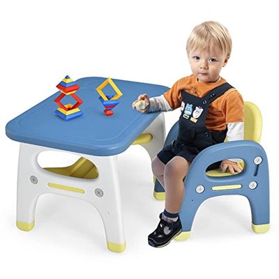 FANTASK Table pour Enfant avec Chaise, Bleu avec Design Dinosaure, Table de Bricolage, avec Blocs de Construction et étagère, pour Enfants de Plus de 3 Ans