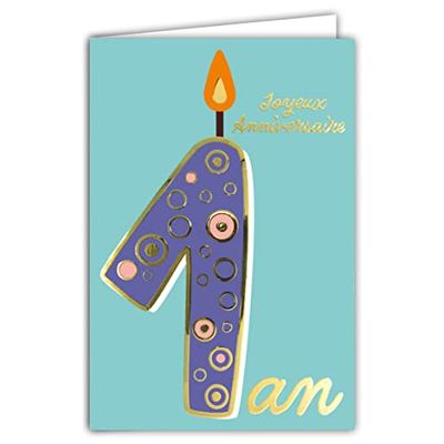 Afie 69-2401 1st Birthday Card in Shiny Gold for Baby Boy Girl Child - Coloured Text Suitable for Inside - Envelope Included - Made in France - ColorAges Collection
