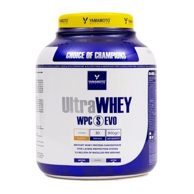 YAMAMOTO NUTRITION Ultra Whey WPC S EVO 900 g, Concentré de Protéines de Lactosérum et Spores de Bacillus Complément Alimentaire, Prise de Masse Musculaire, Goût Biscuit
