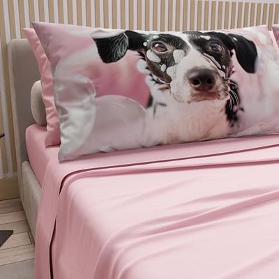 PETTI Artigiani Italiani - Lenzuola Animali con Cani in Cotone con Federe in Stampa Digitale, Lenzuola Matrimoniali, Completo Letto Matrimoniale Rosa, 100% Made in Italy