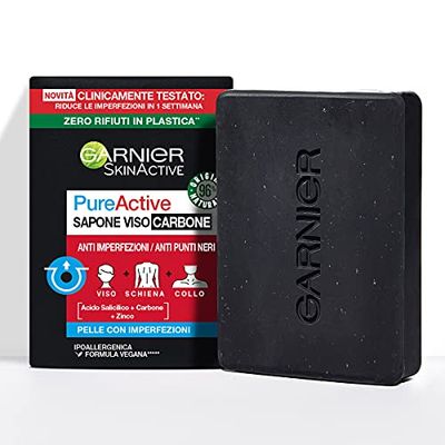 Garnier PureActive Sapone viso e corpo al carbone, Anti-imperfezioni, Formula vegana con 98% di ingredienti naturali, 100 g