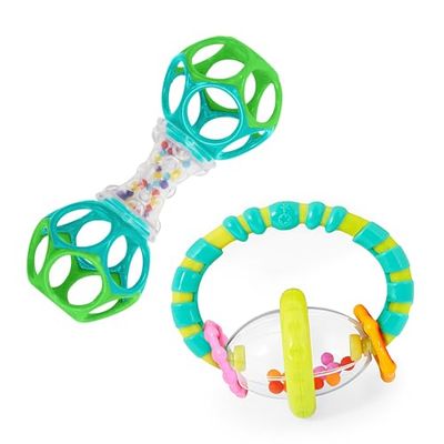 Bright Starts, Oball, sonajero con texturas y bolas multicolor, juguete de motricidad para bebés, fácil de agarrar, ideal para viajar, desde recién nacido + Grab & Spin, Sonajero mordedor