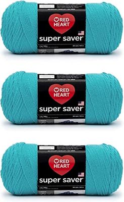 Red Heart Super Saver Lot de 3 pelotes de laine acrylique pour le tricot/crochet, 198 g, n° 4 moyenne (peignée), 333 m, turquoise