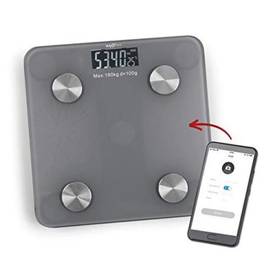 MAXXMEE Person-kroppsanalys 3 V | Ledande app för spårning | Beräkning av dagliga kaloribehov | Bluetooth®-funktion för anslutning med gratis hälsoapp [grå]