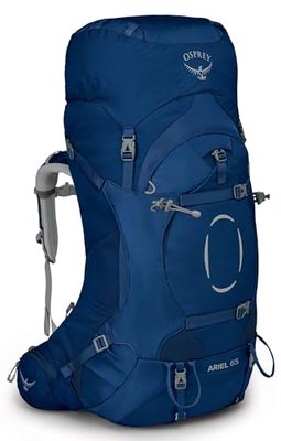 Osprey Ariel Mochilas de senderismo para mujeres - Correas de hombro y cinturón Fit-on-the-Fly personalizables & Torso ajustable - Cubierta para lluvia incluida, Ceramic Blue, XS/S, 55 L