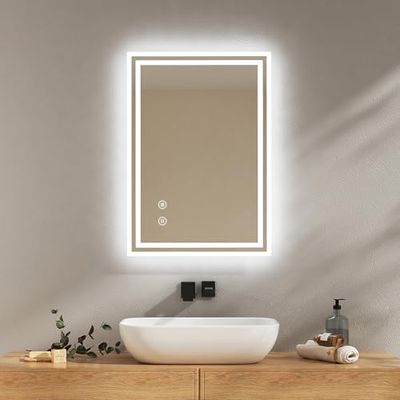 EMKE Espejo de baño con iluminación, 50 x 70 cm, Espejo de baño con antivaho, luz Blanca fría, Regulable, táctil, función de Memoria, Apagado automático de 3 Horas, IP44, Ahorro de energía